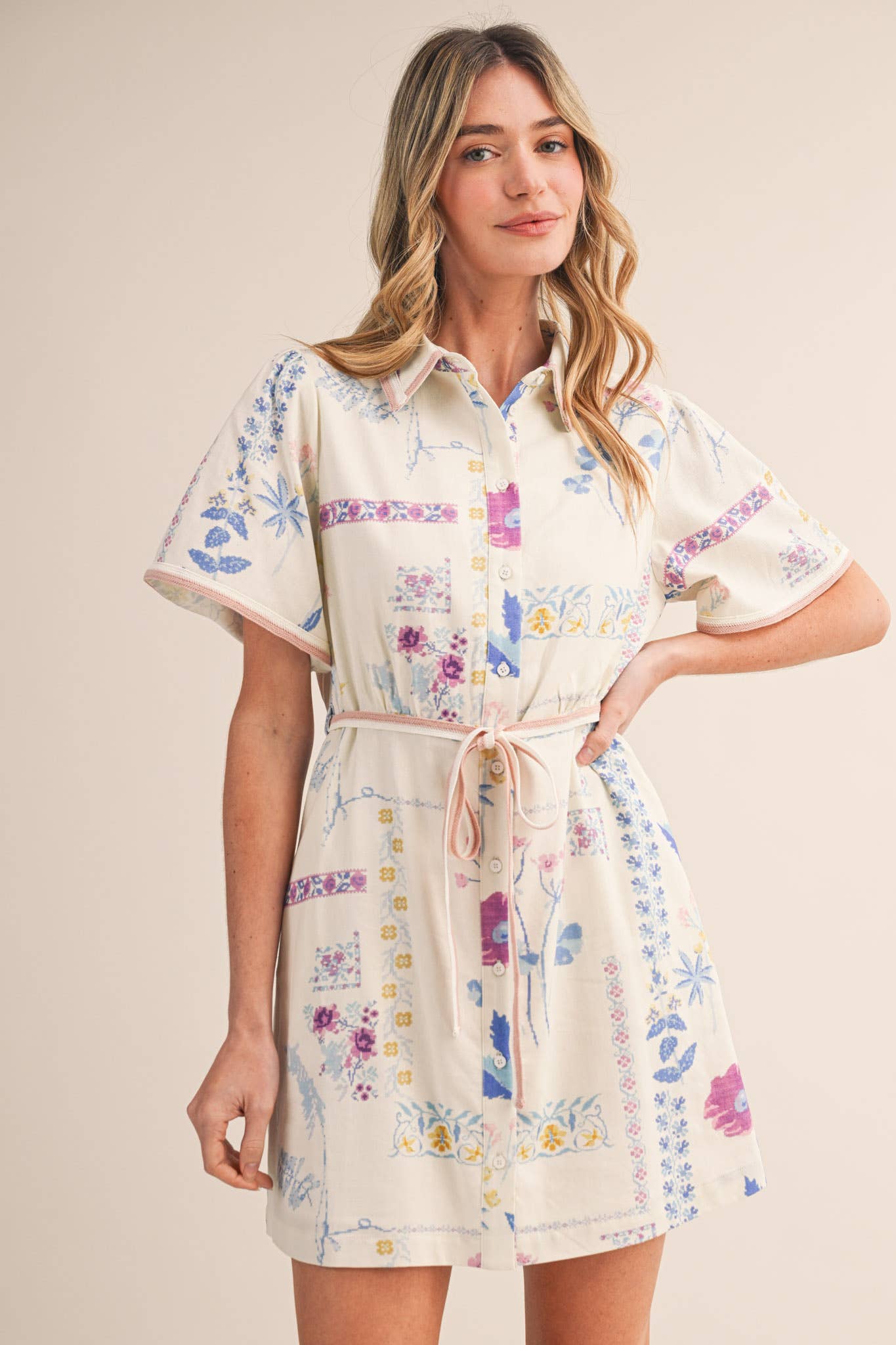 Floral Tape Trim Button Down Shirt Dress