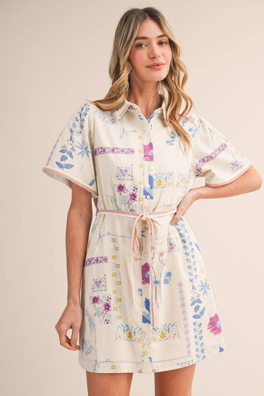 Floral Tape Trim Button Down Shirt Dress