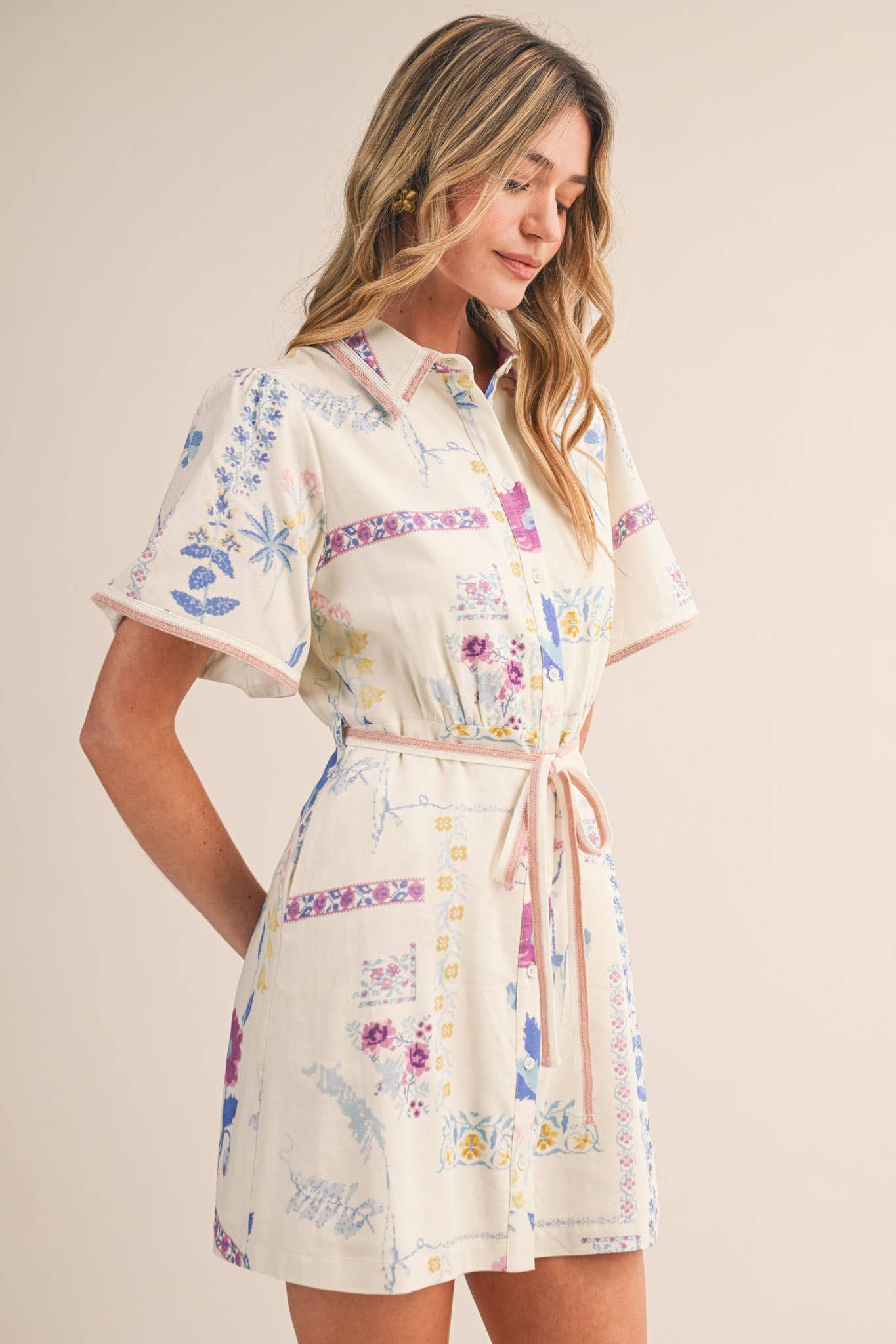 Floral Tape Trim Button Down Shirt Dress