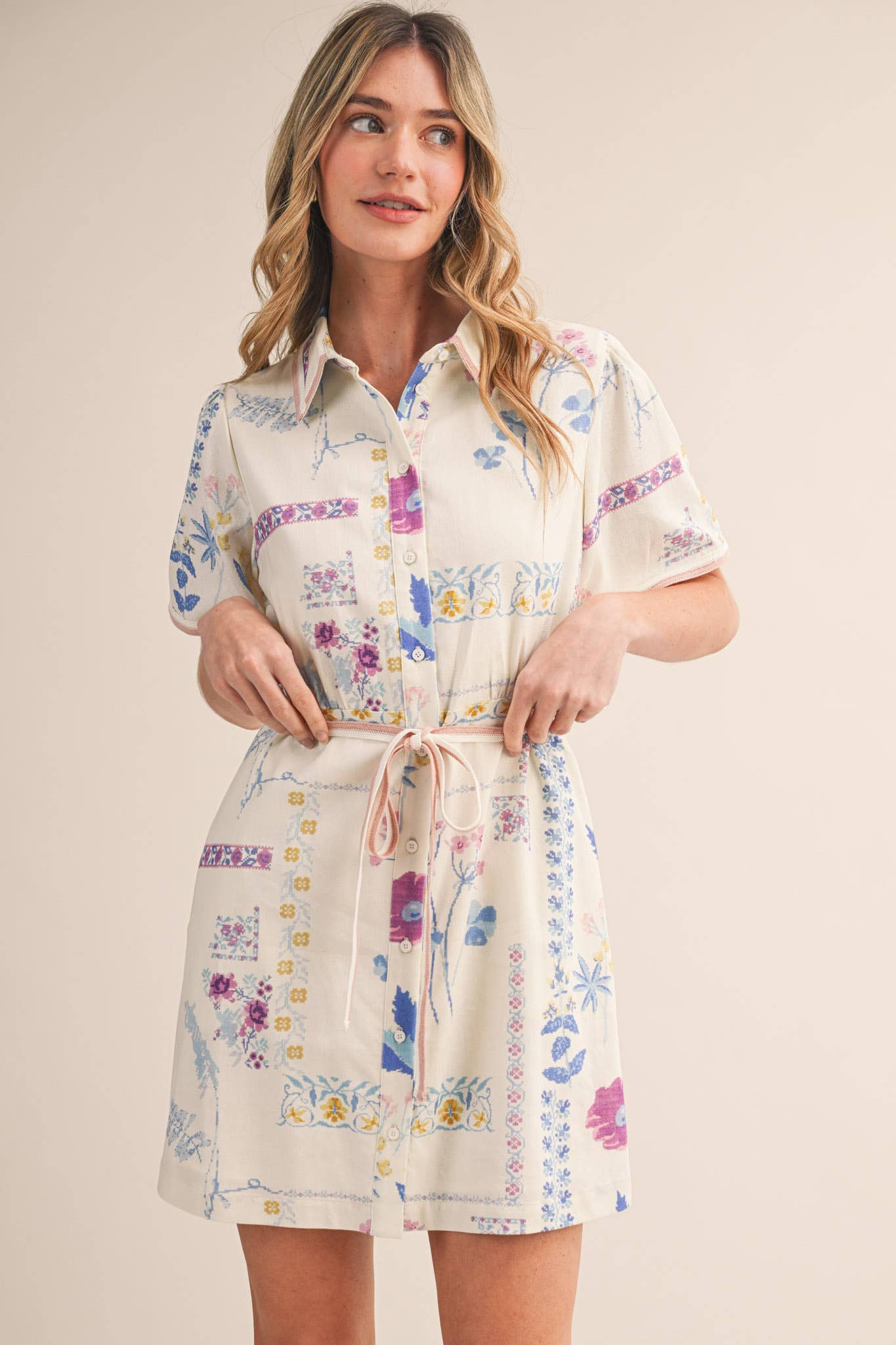 Floral Tape Trim Button Down Shirt Dress