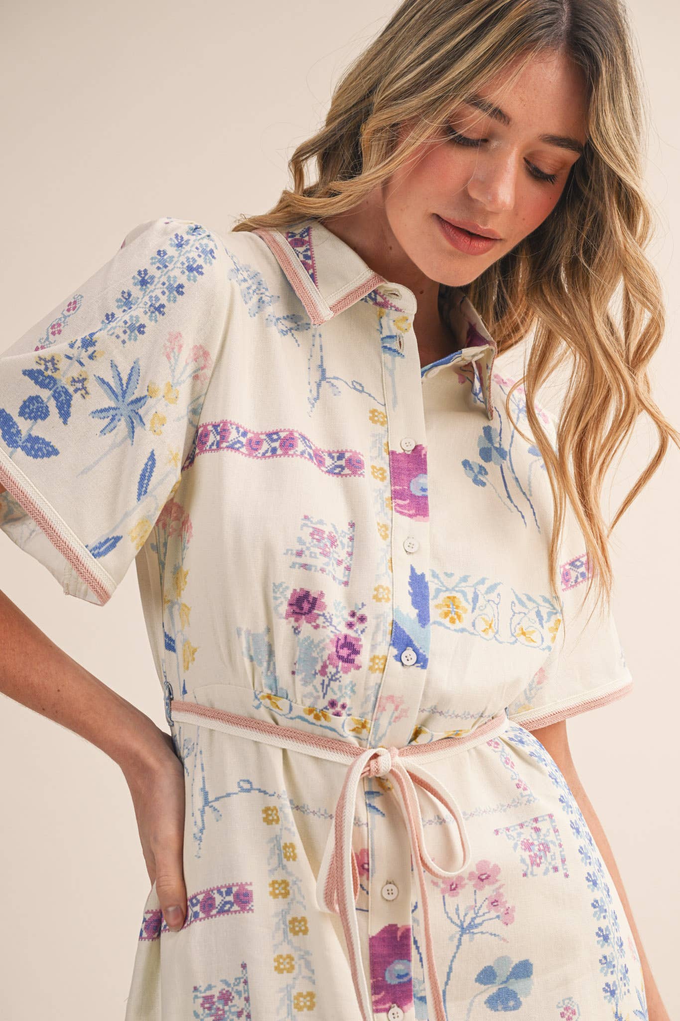 Floral Tape Trim Button Down Shirt Dress