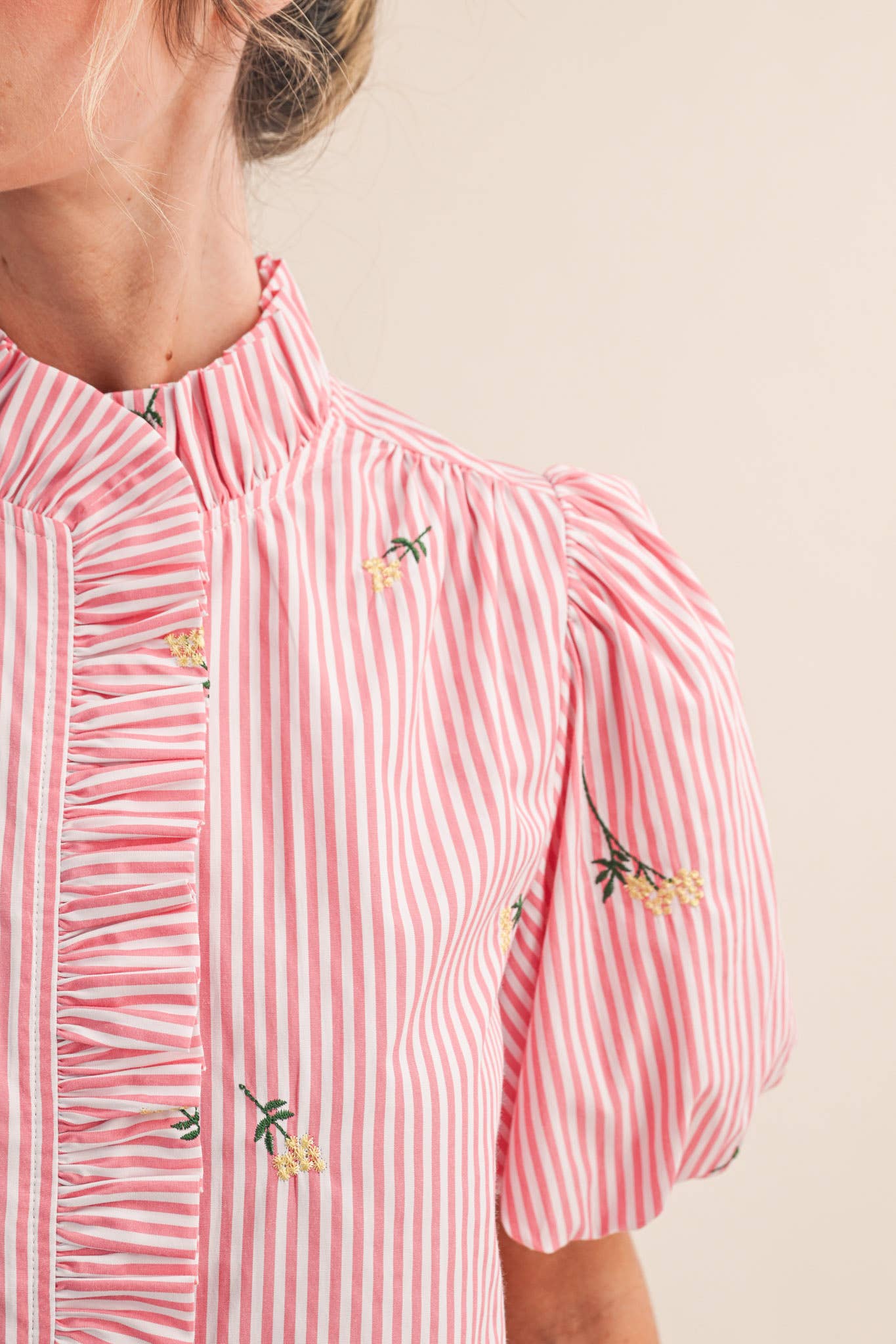 Floral Embroidery Striped Ruffled Button Down Top