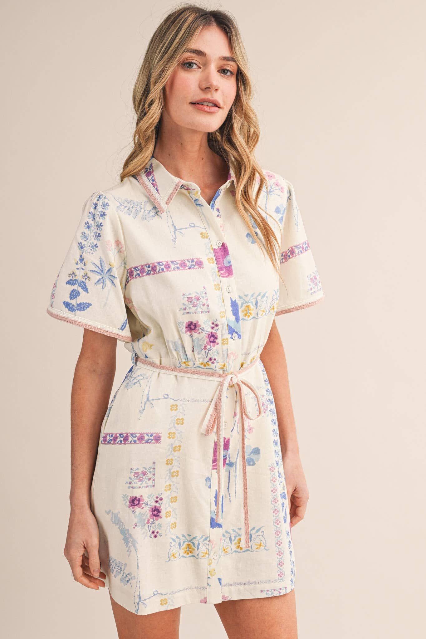 Floral Tape Trim Button Down Shirt Dress