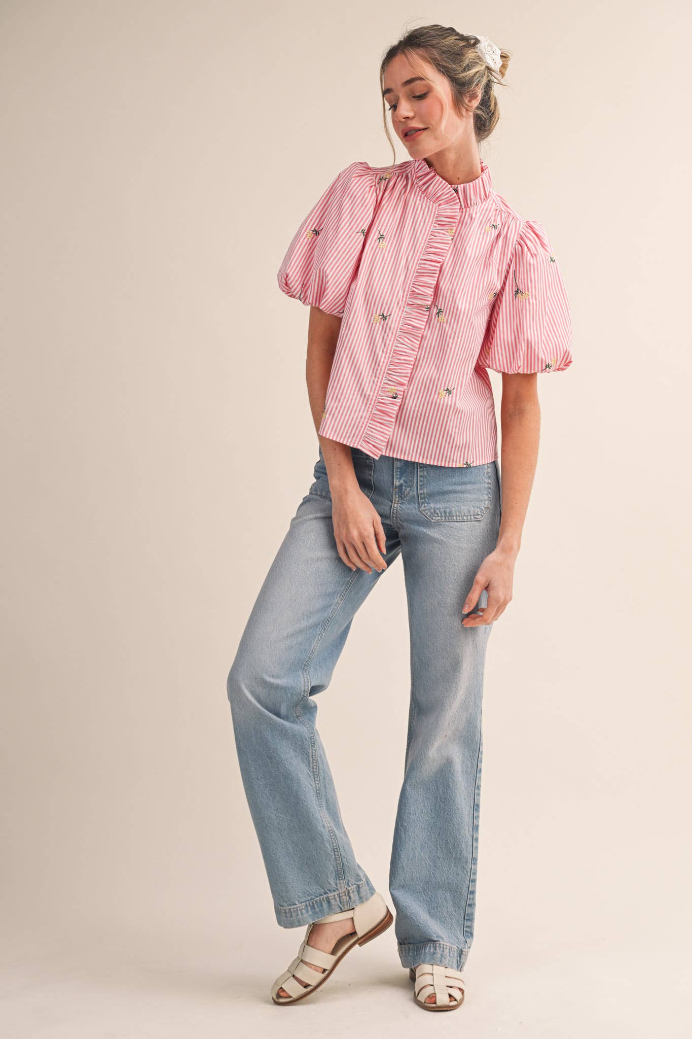 Floral Embroidery Striped Ruffled Button Down Top