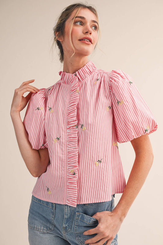 Floral Embroidery Striped Ruffled Button Down Top