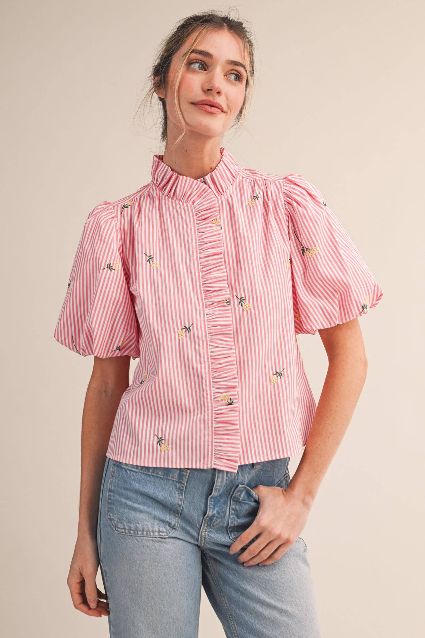 Floral Embroidery Striped Ruffled Button Down Top