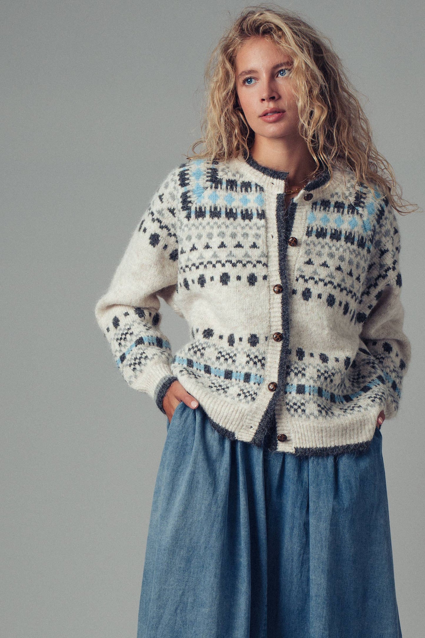 Nordic Pattern Wool Blend Button Cardigan Sweater