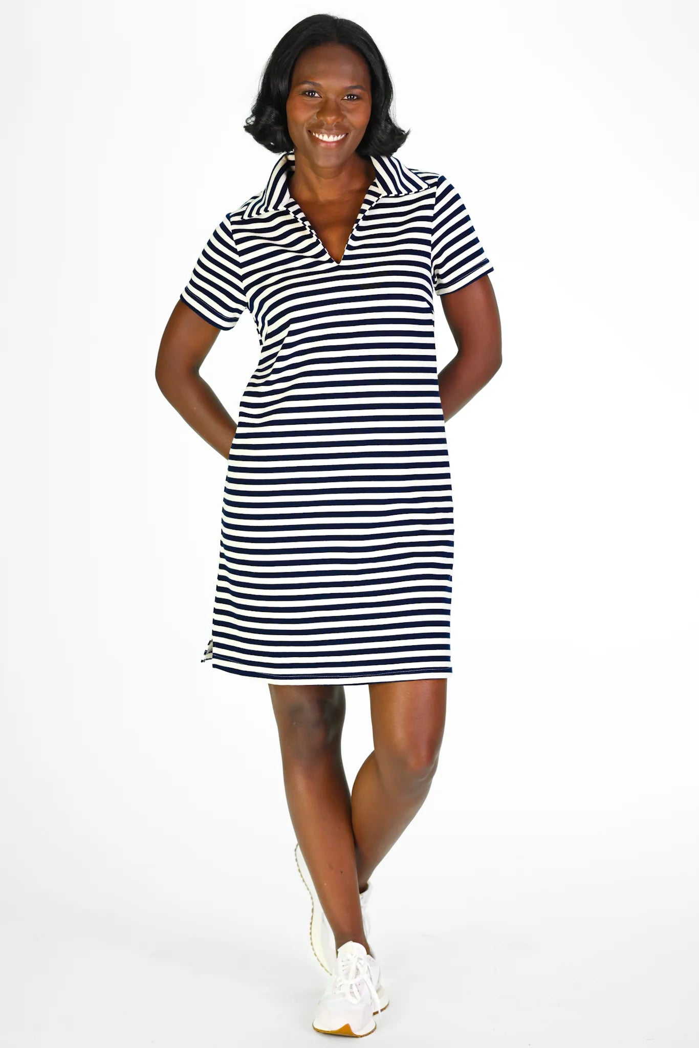 French Terry Asher Dress in Navy and White Stripe