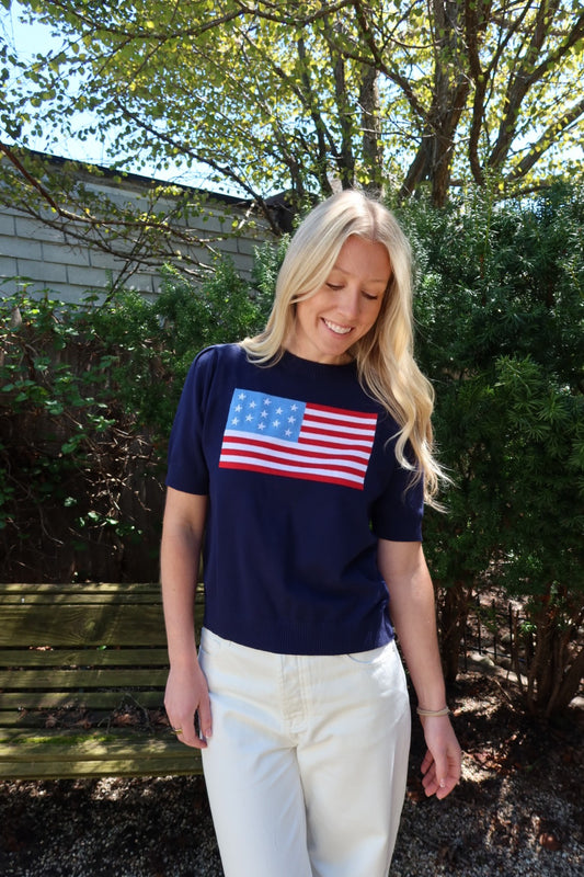 Puff Sleeve Flag Sweater in Navy