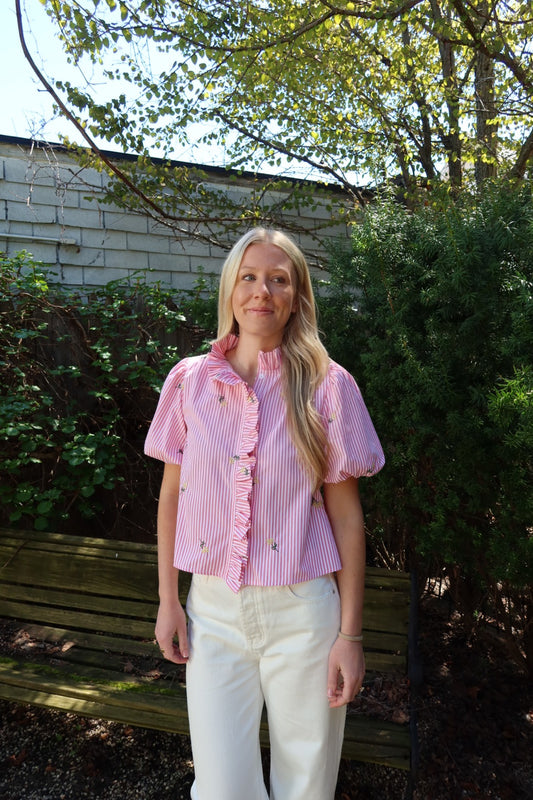 Floral Embroidery Striped Ruffled Button Down Top