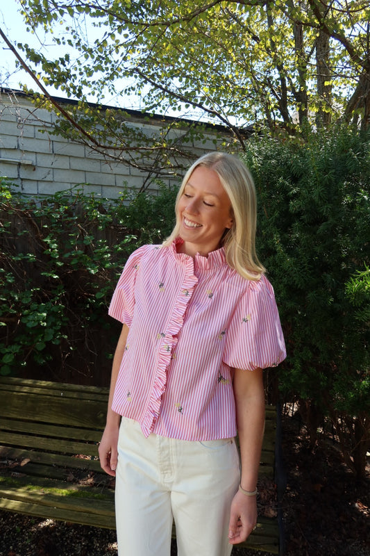 Floral Embroidery Striped Ruffled Button Down Top