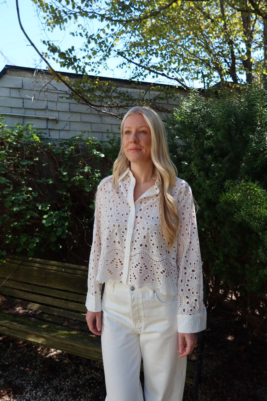 Scallop Eyelet Button Down Blouse