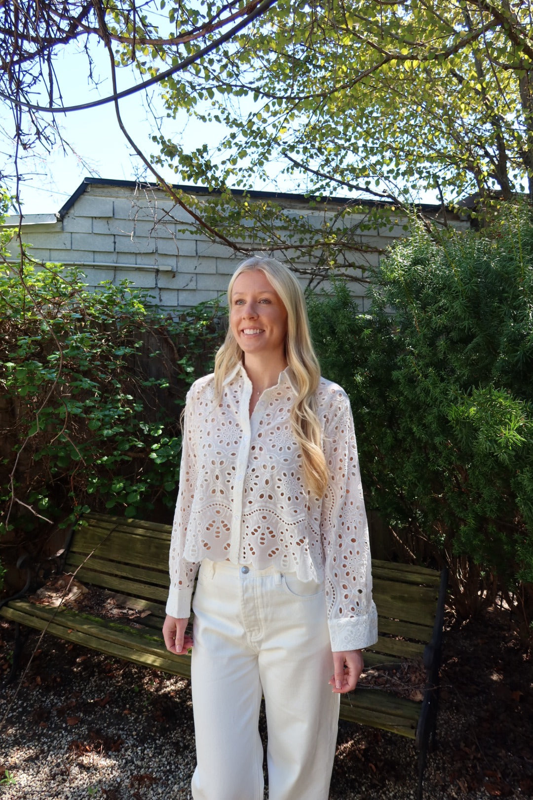Scallop Eyelet Button Down Blouse