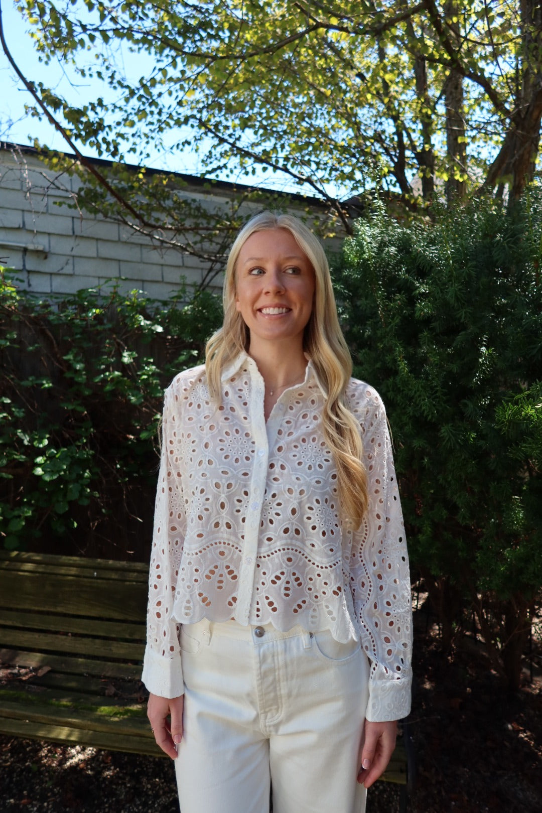 Scallop Eyelet Button Down Blouse