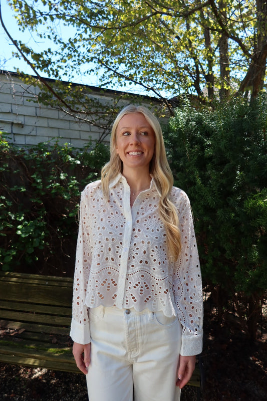 Scallop Eyelet Button Down Blouse