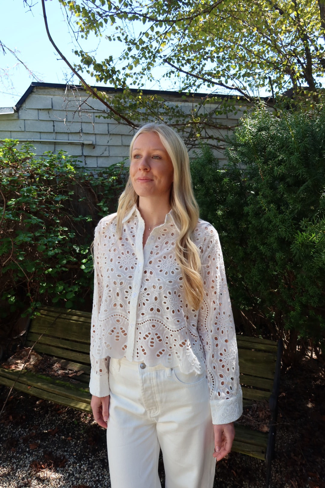 Scallop Eyelet Button Down Blouse