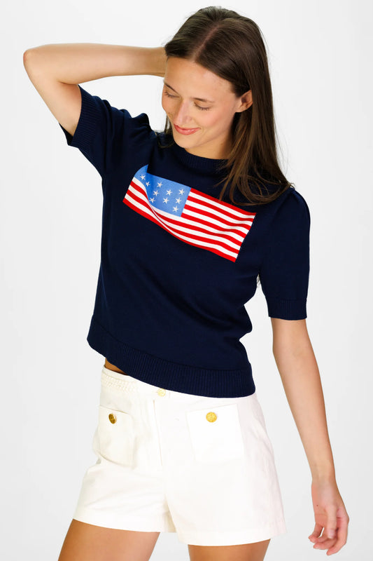 Puff Sleeve Flag Sweater in Navy