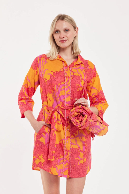 Carlotta Shirt Dress Big Coral Orange Fuchsia