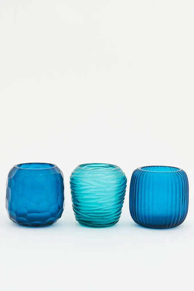 Blue Handmade Glass Candle Holders (Set of 3)