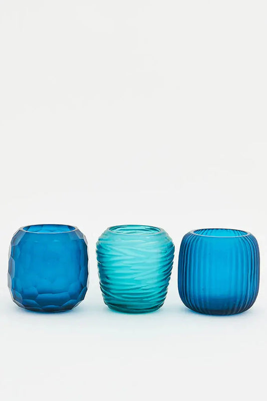 Blue Handmade Glass Candle Holders (Set of 3)