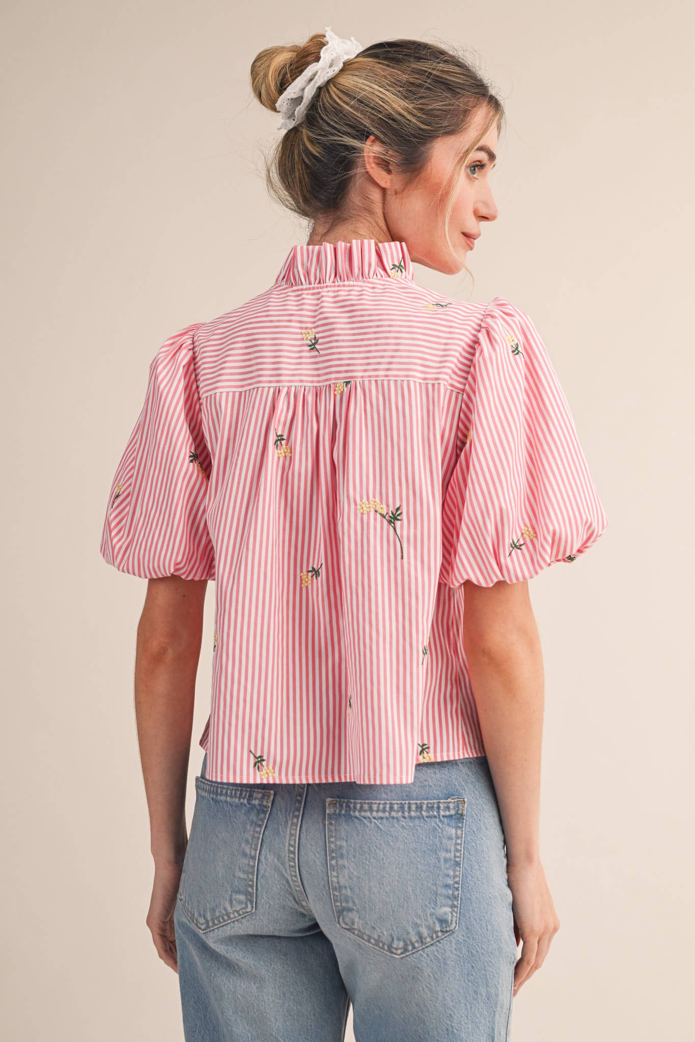 Floral Embroidery Striped Ruffled Button Down Top