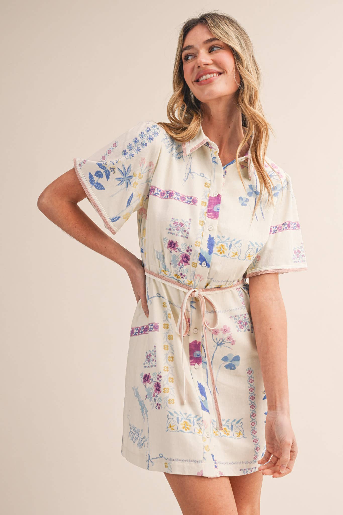 Floral Tape Trim Button Down Shirt Dress