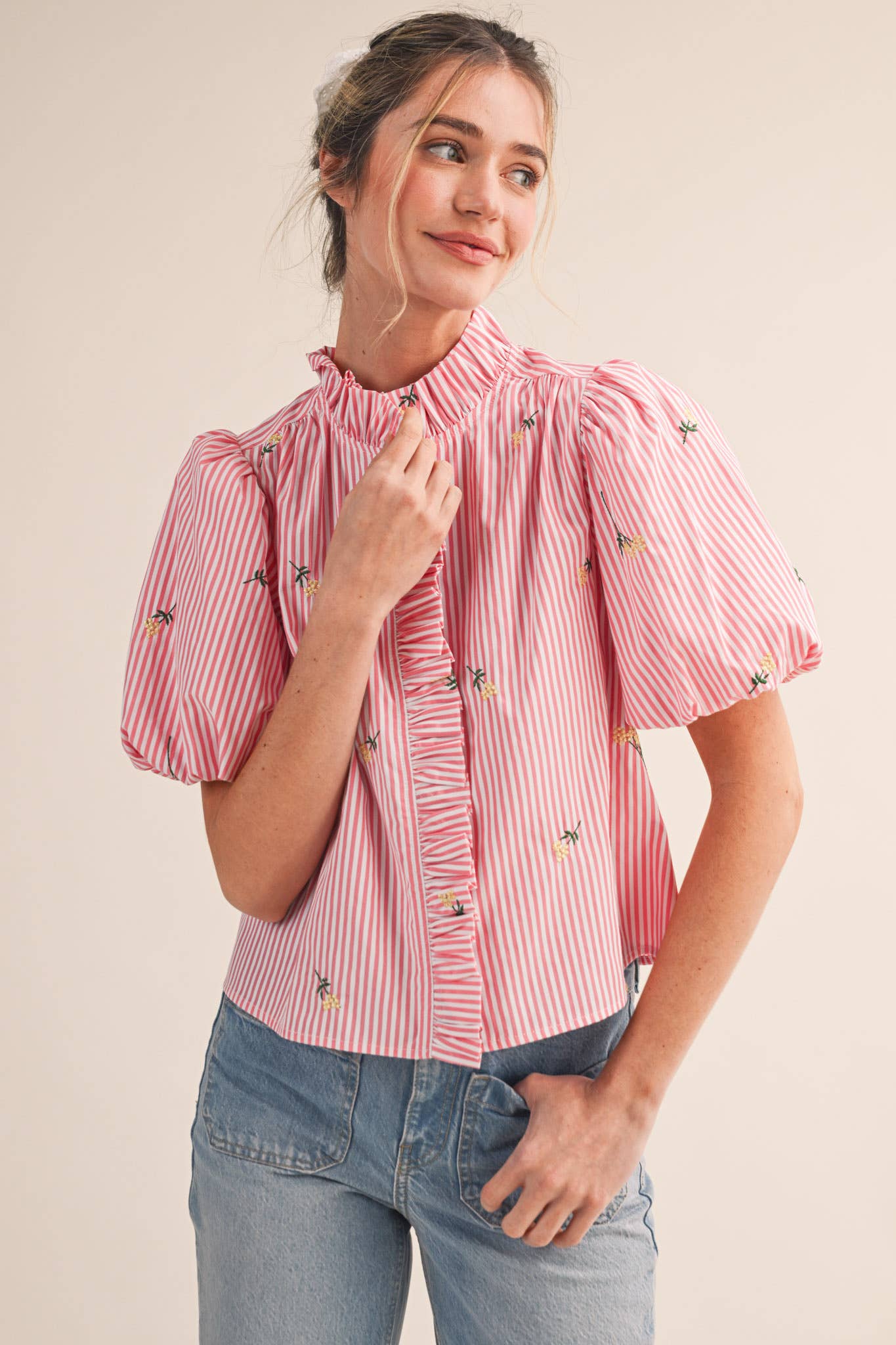 Floral Embroidery Striped Ruffled Button Down Top