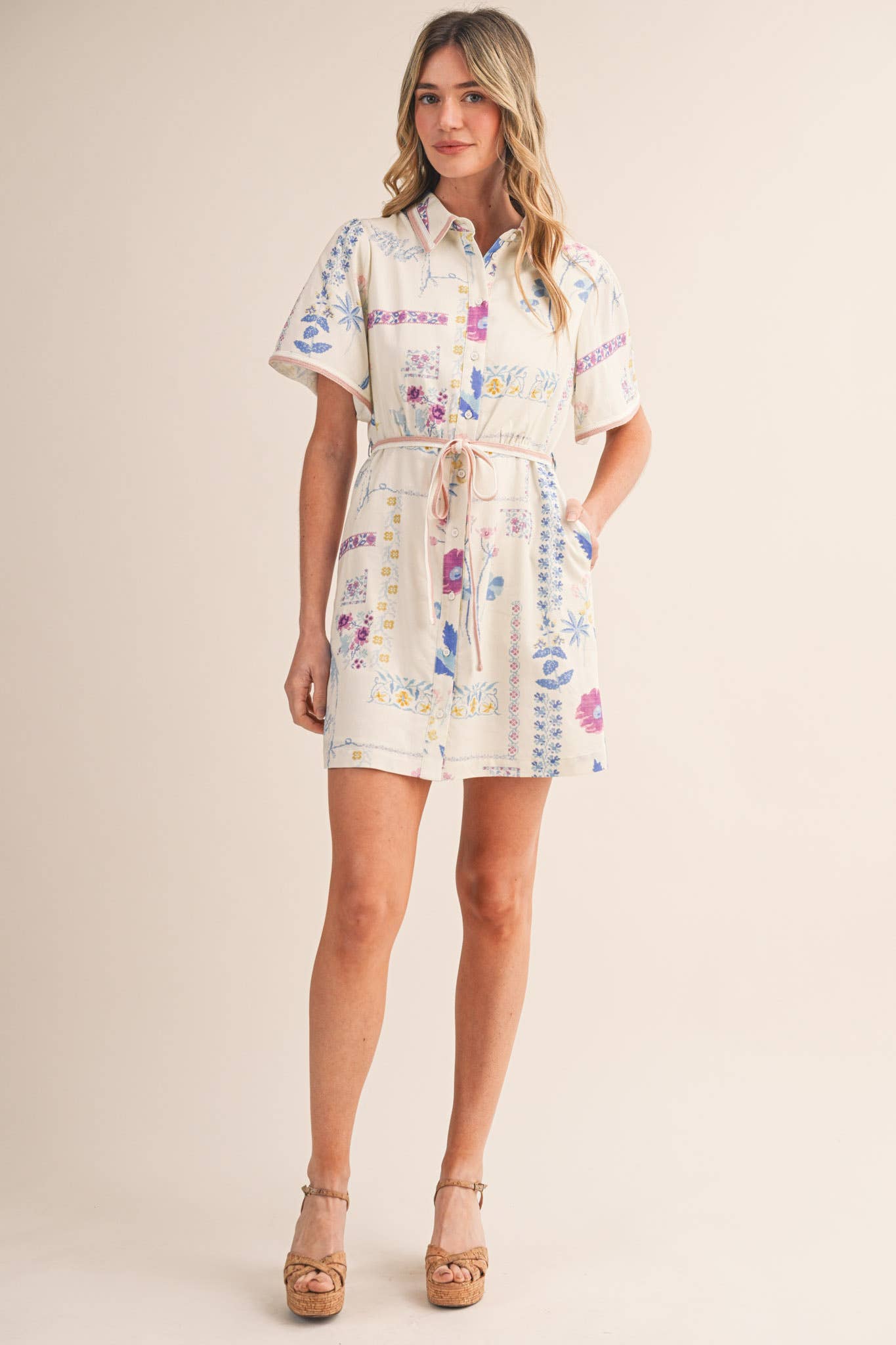 Floral Tape Trim Button Down Shirt Dress