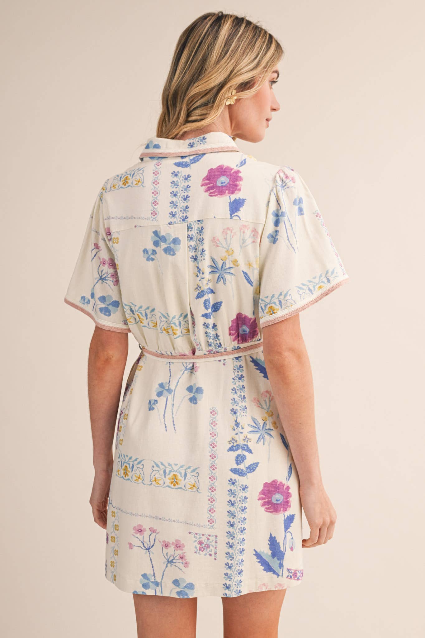 Floral Tape Trim Button Down Shirt Dress