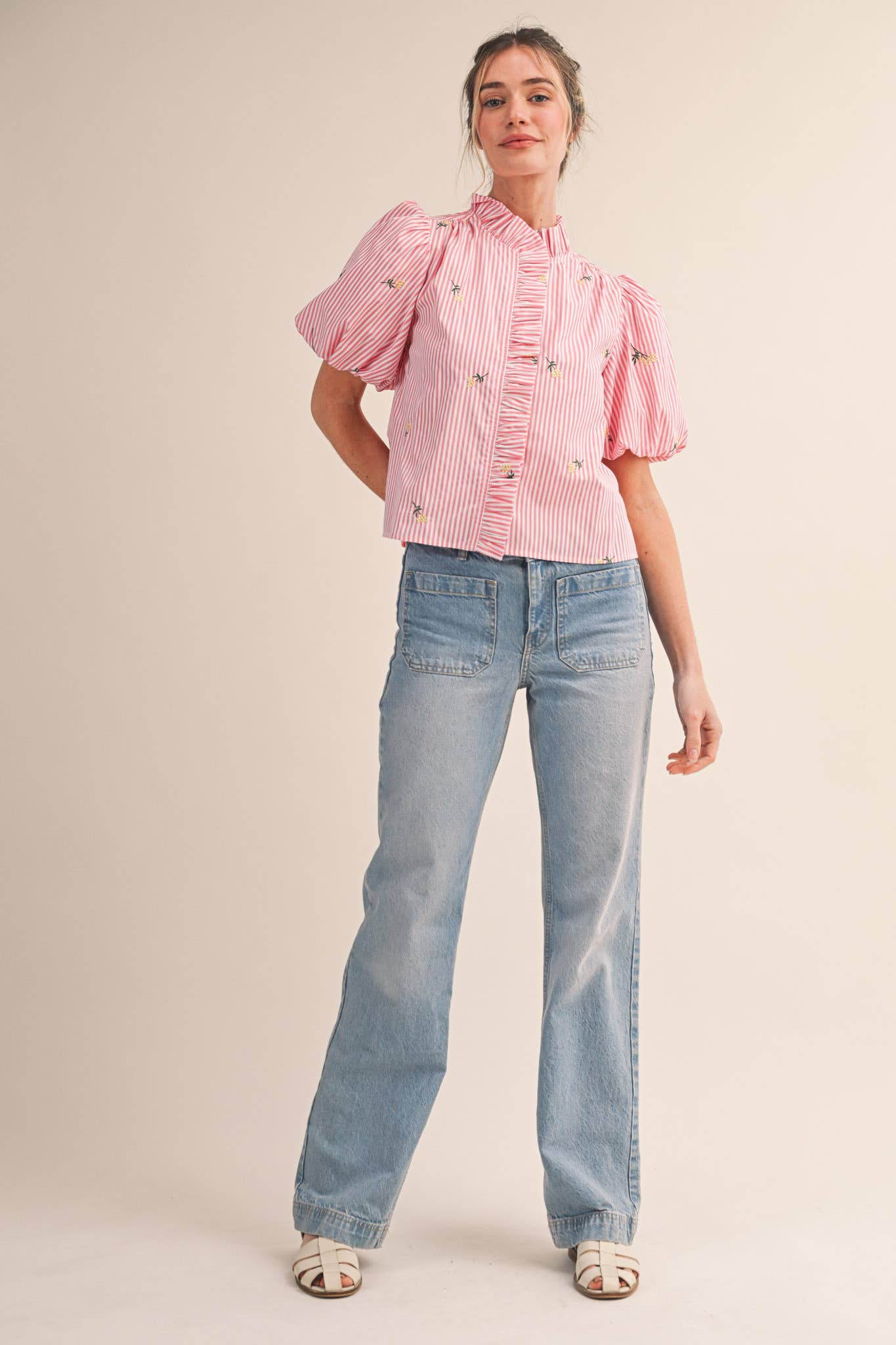 Floral Embroidery Striped Ruffled Button Down Top