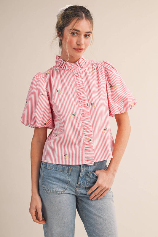 Floral Embroidery Striped Ruffled Button Down Top