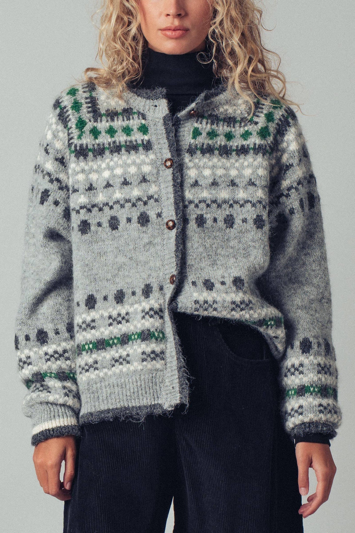 Nordic Pattern Wool Blend Button Cardigan Sweater