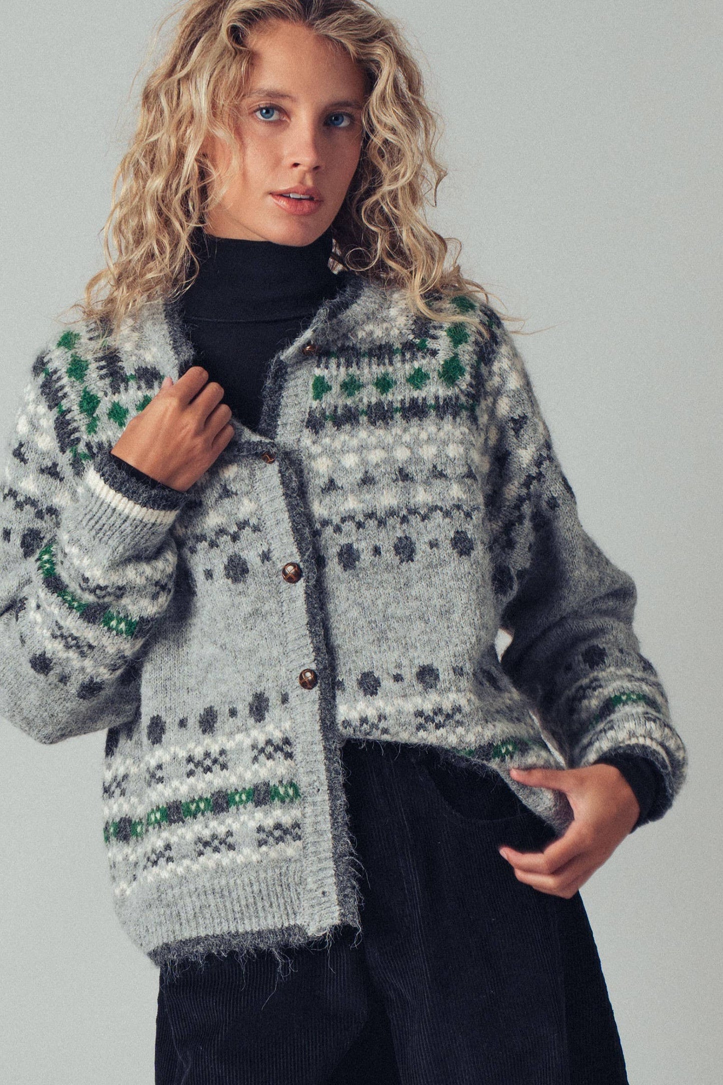 Nordic Pattern Wool Blend Button Cardigan Sweater
