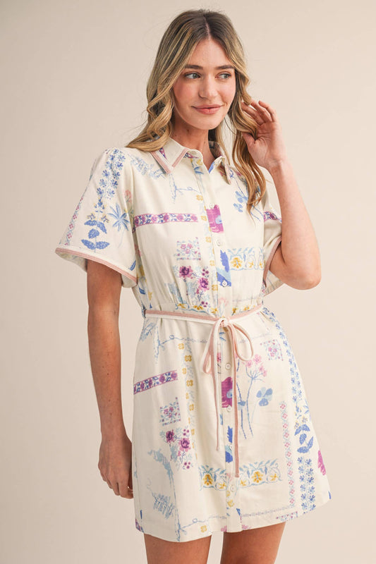 Floral Tape Trim Button Down Shirt Dress