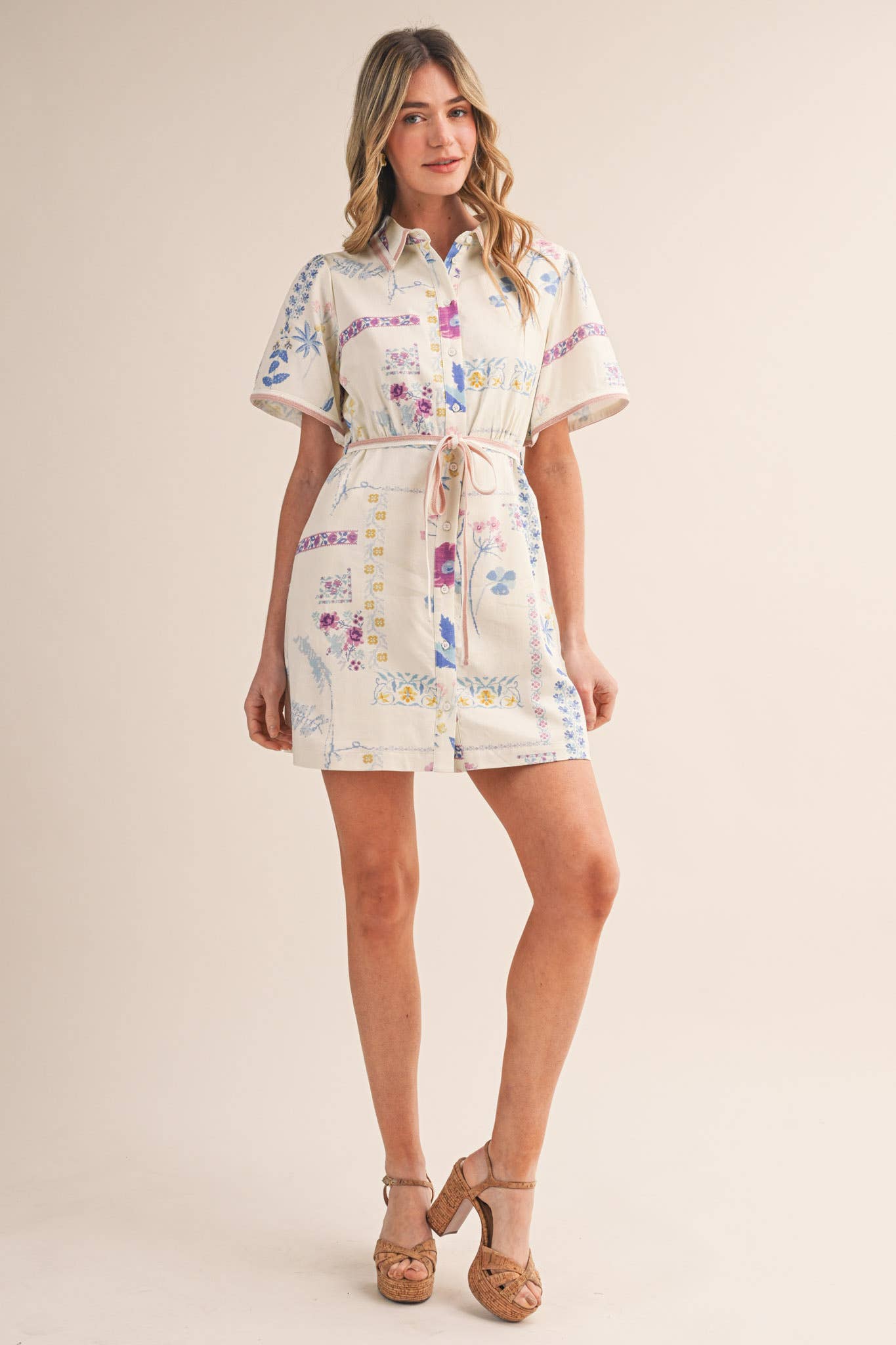 Floral Tape Trim Button Down Shirt Dress